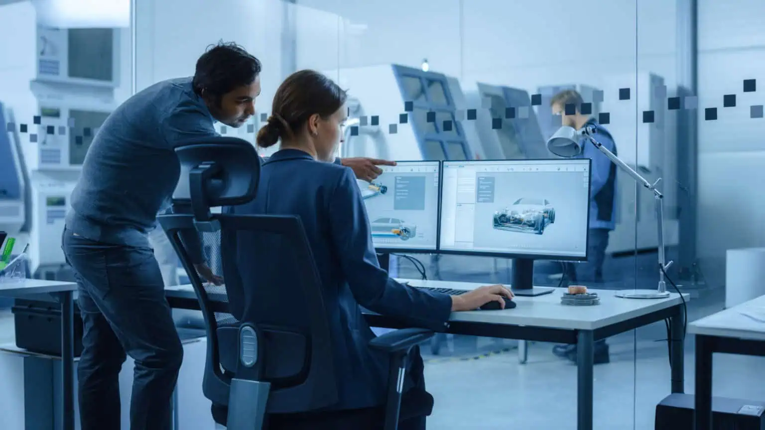 woman in a business suit is seated at a modern workstation in a high-tech design office, working on a dual-monitor setup displaying 3D automotive design software with male coworker pointing out things on the screen