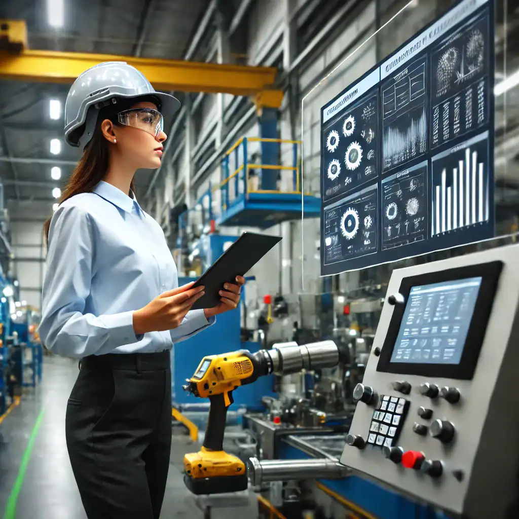APQP engineer wearing protective helmet and glasses looking at the screen with process reports