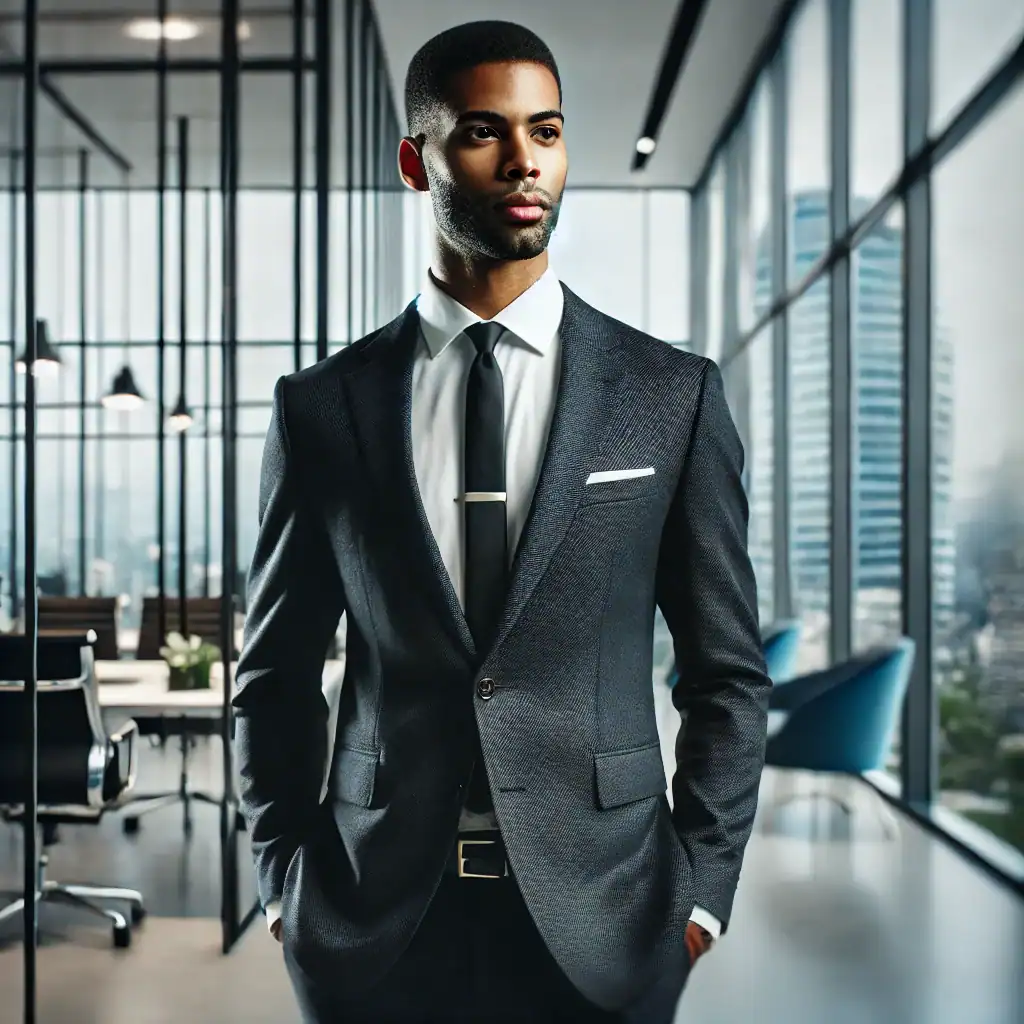 temporary placement expert in suit standing in modern glass office