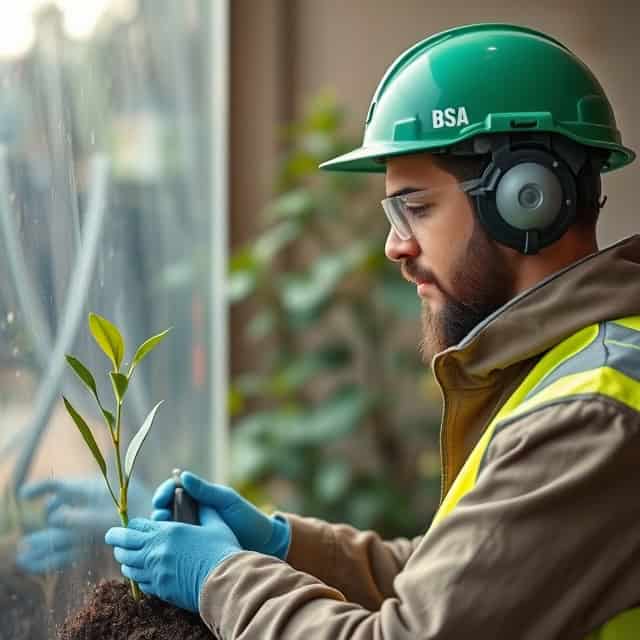 environmental management consultant with protective gear on planting a plant