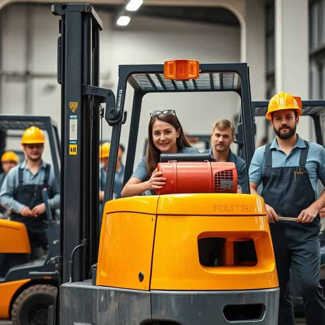 team of forklift service experts in warehouse with forklifts