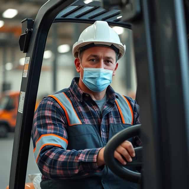 forklift service worker with mask and protective gear operating a forklift in warehouse