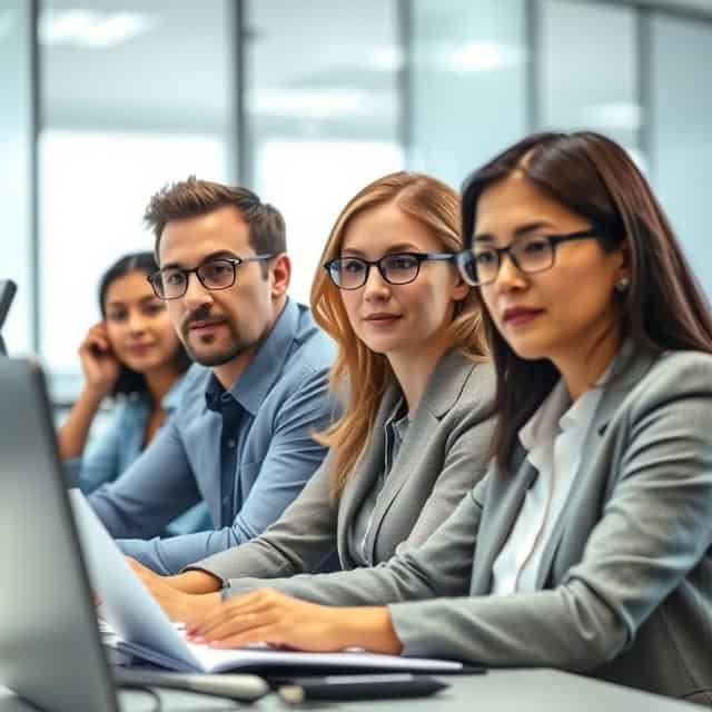 group of interim auditors looking at a computer screen
