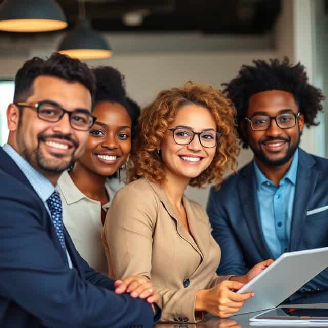diverse team of interim business development managers checking data on tablet