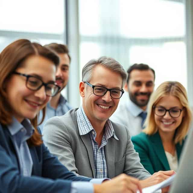 team of interim financial controllers smiling while looking at papers