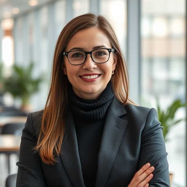 interim financial controller with glasses smiling