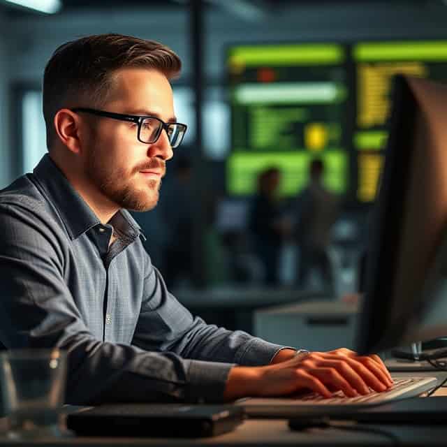 interim IT manager focusing on his work on computer