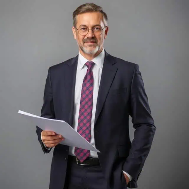 older interim manager in a suit holding papers