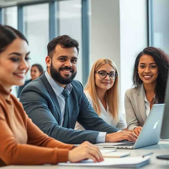group of interim managers sitting behind desk smiling