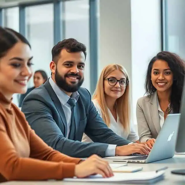 group of interim managers sitting behind desk smiling