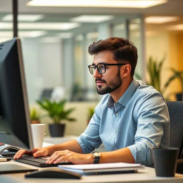 interim marketing manager working at his desk in office