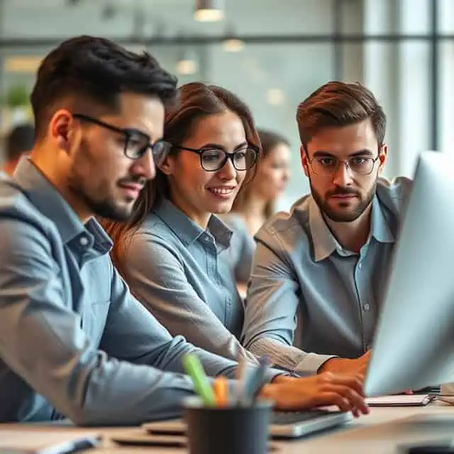 interim marketing managers looking at computer screen together