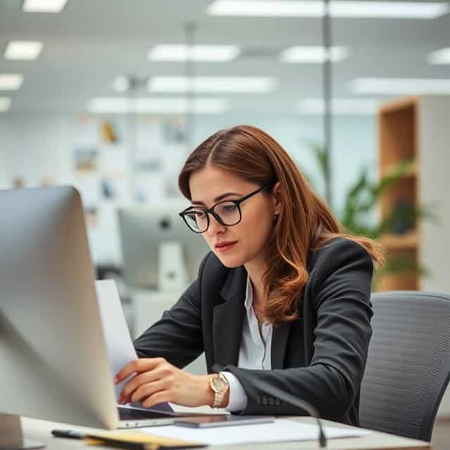 interim office manager studying materials in her office