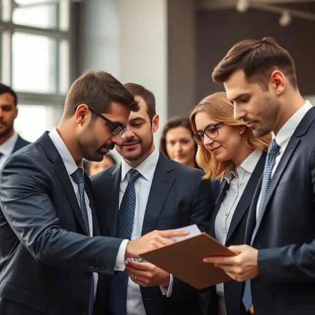 a group of interim project leaders in suits looking at a folder