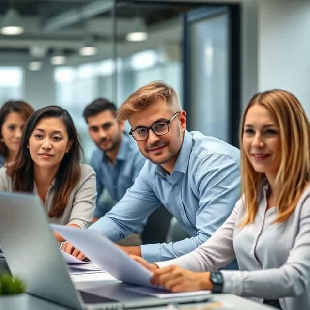 group of interim sales managers working in modern office