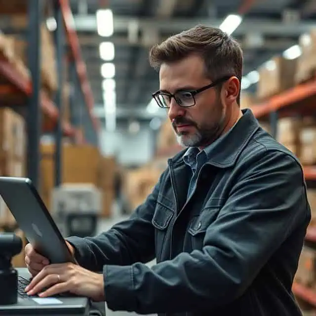 interim supply chain manager in warehouse doing his job on tablet