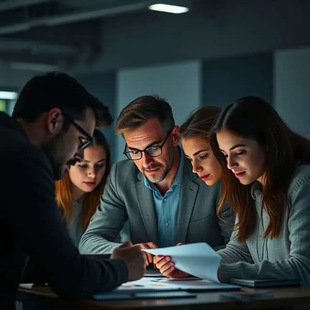 intralogistics solutions team in dimmed office looking at reports