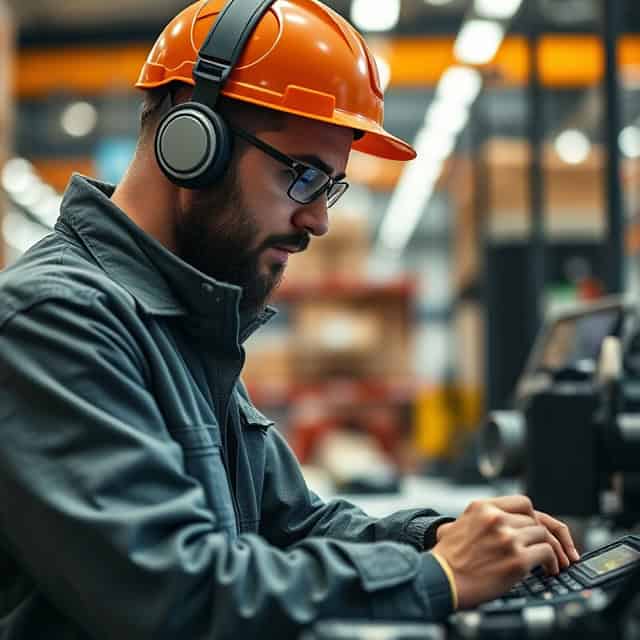 logistics support services expert in protective gear operating machine