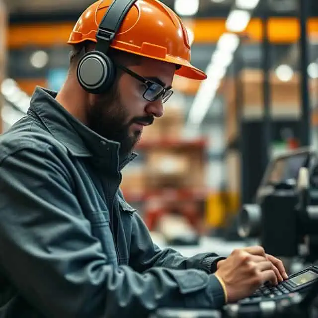 logistics support services expert in protective gear operating machine