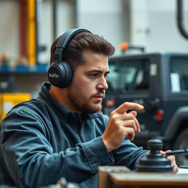 maintenance support services expert wearing protective headphones while working on site