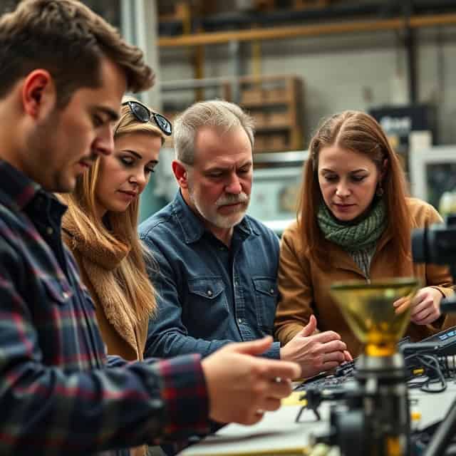 production-support-services team gathered around workshop table