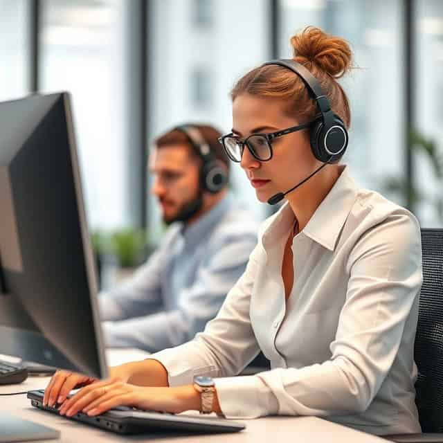 sales support consultant expert with headset working in office