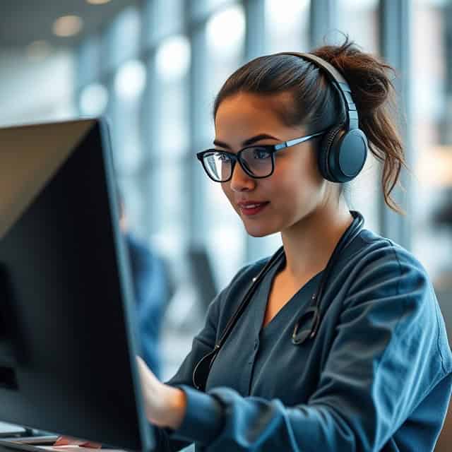 service designer with headphones on looking at computer screen