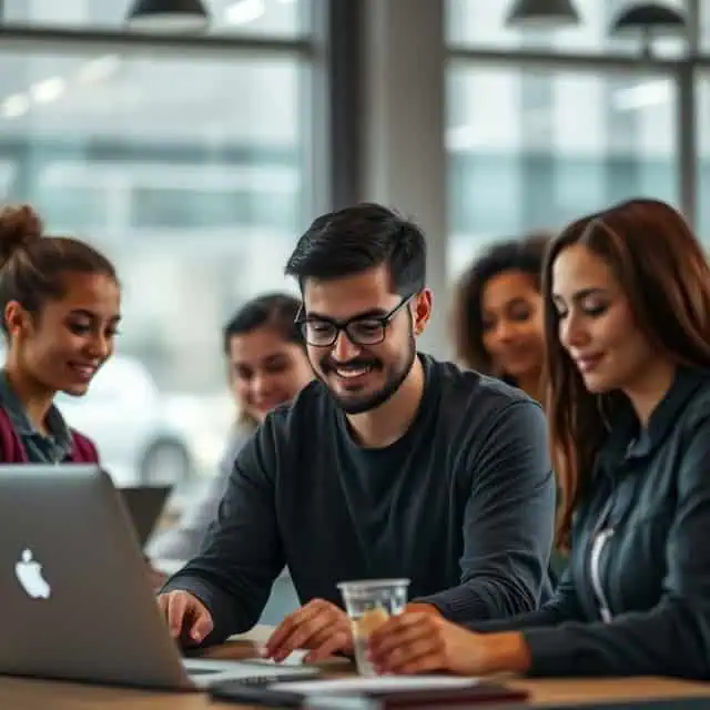 software developer services team working together on a laptop