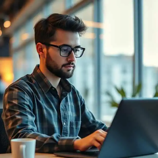 software developer services expert with serious face working on laptop