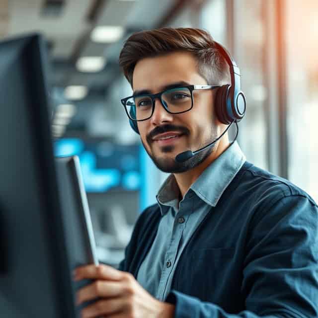 technical support services specialist with headset looking at a computer screen