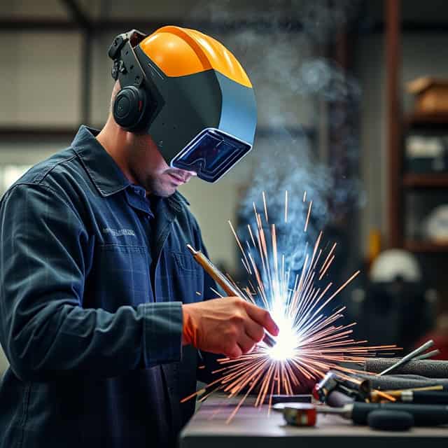 a man wearing a welding mask and goggles
