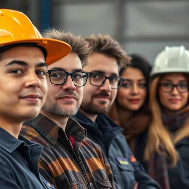 a group of people in hard hats