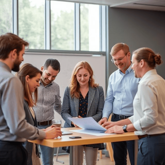 a group of interim CSOs standing around a table looking at a piece of paper