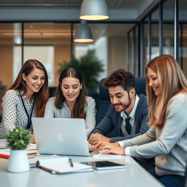 a group of people looking at a laptop