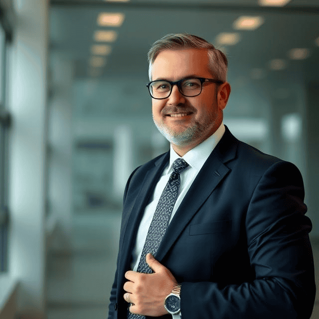 interim general manager in a suit smiling