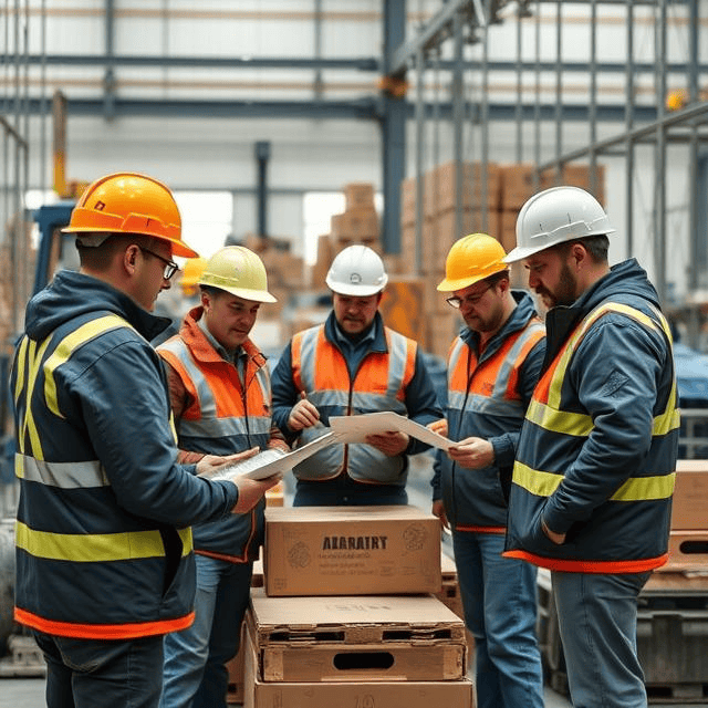 a group of men wearing safety vests and helmets looking at papers