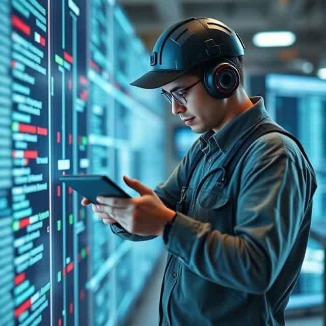 Data Integration Engineer looking at a tablet in data center