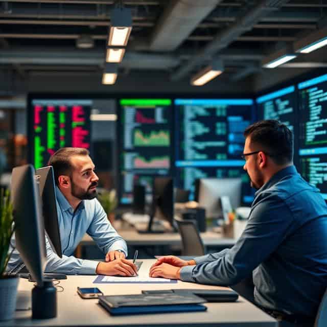 Data Integration Engineers discussing at the table in data center