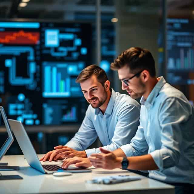 Interim Digital Transformation professionals looking at laptop and discussing work