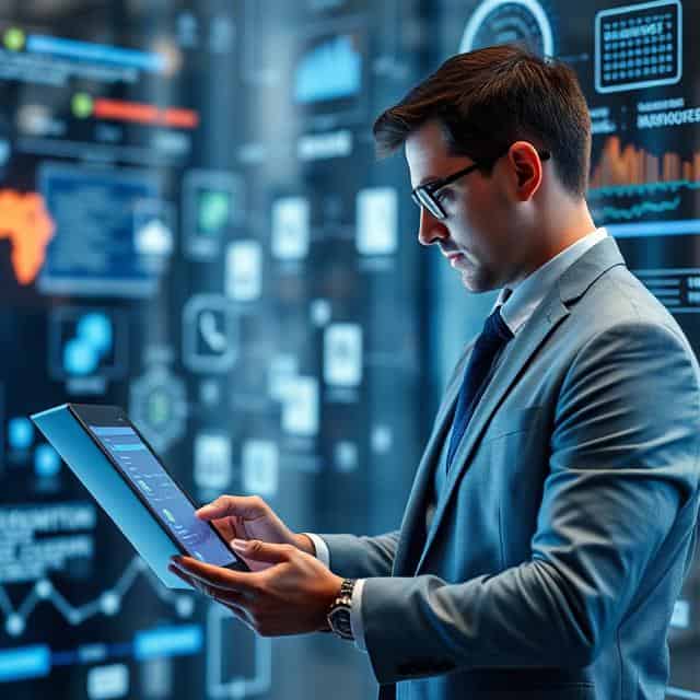 Interim Digital Transformation professional taping on touch screen