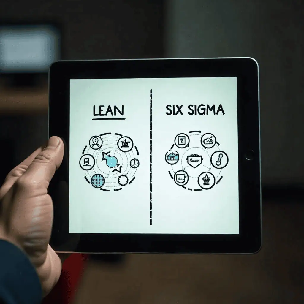 Hand holding tablet showing split screen showing illustration of differences between lean and six sigma