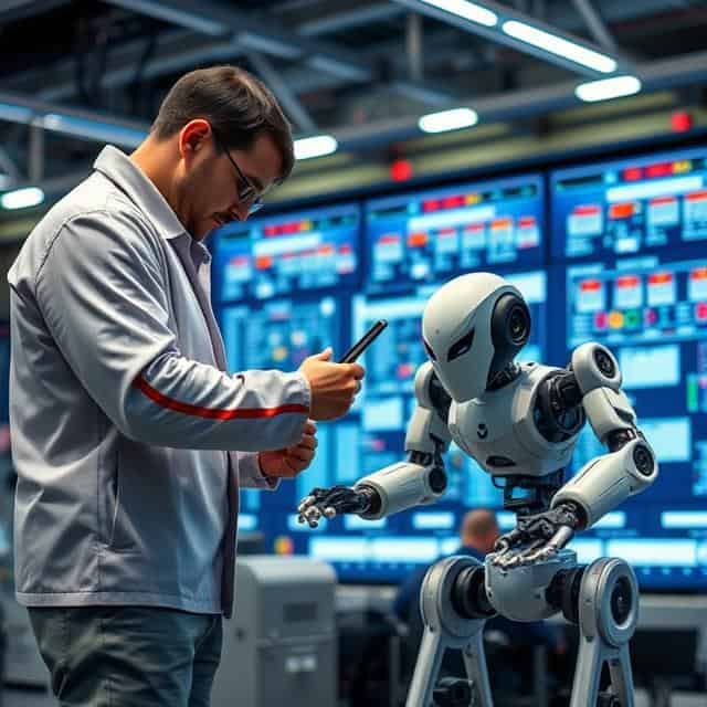 Robotics engineer holding a phone standing next to a robot