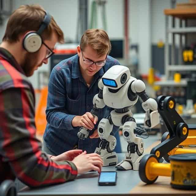 Robotics engineers working on a small robot on table