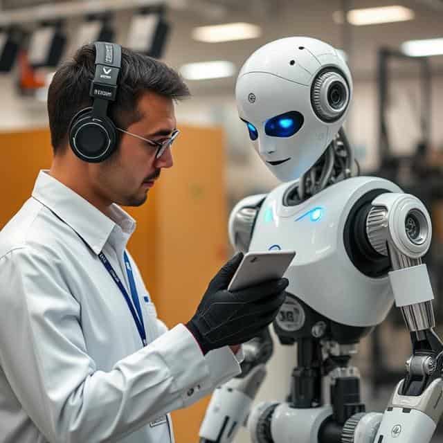 Technician in laboratory coat working on a robot