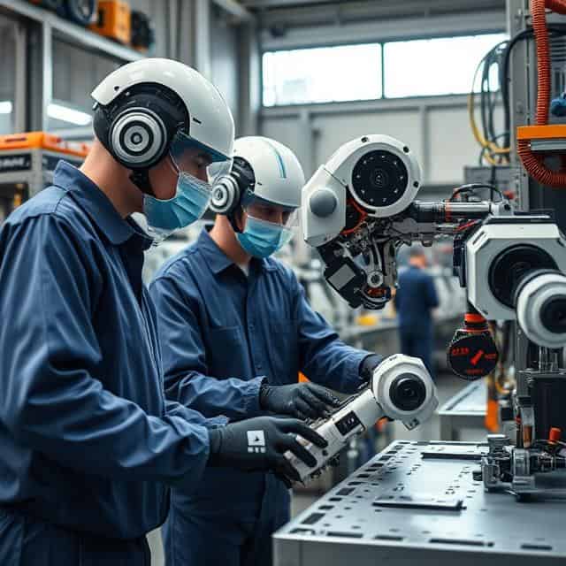 Robotics technicians in protective gear working on a small robot