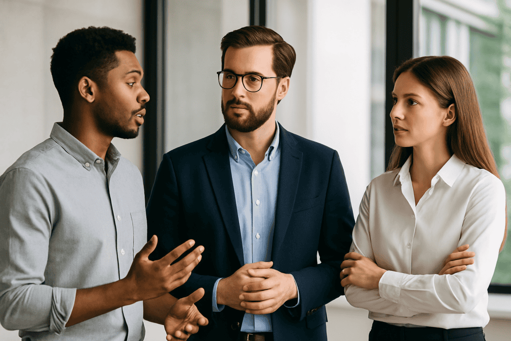 Automation architects standing in office and talking