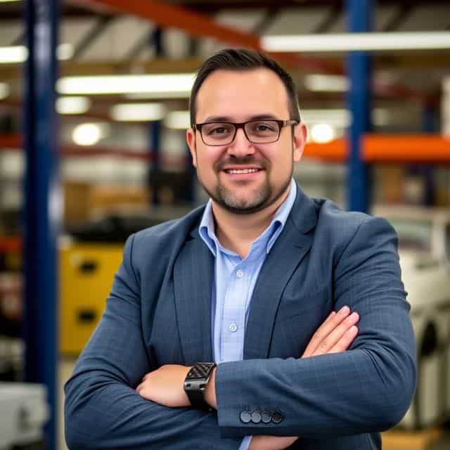 Automation consultant in suit smiling at camera