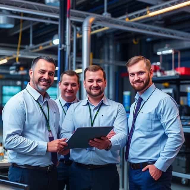 Automation consultants standing and smiling, one holding a file