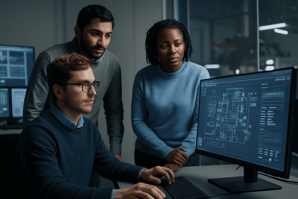 Automation developer sitting at his desk and showing a blueprint to two coworkers on his computer