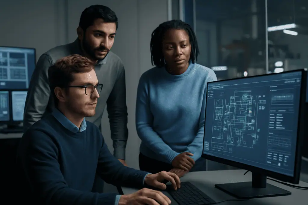 Automation developer sitting at his desk and showing a blueprint to two coworkers on his computer